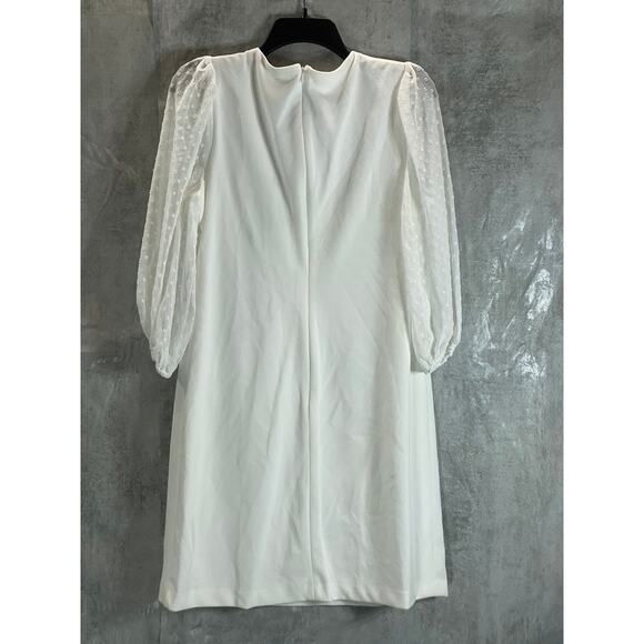 DKNY Women's Cream Illusion Dotted 3/4 Sleeve Crewneck Crepe Shift Mini Dress - Picture 3 of 12